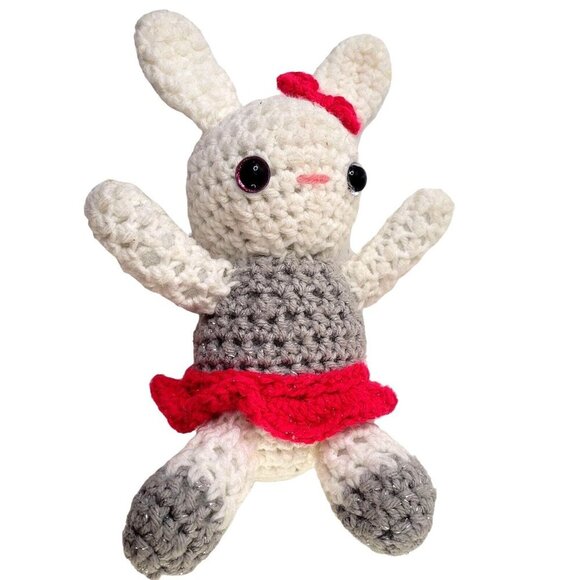 Handmade Crochet Bunny Rabbit Tutu Bow 10" White Gray Pink Easter Stuffed Plush - Picture 7 of 7